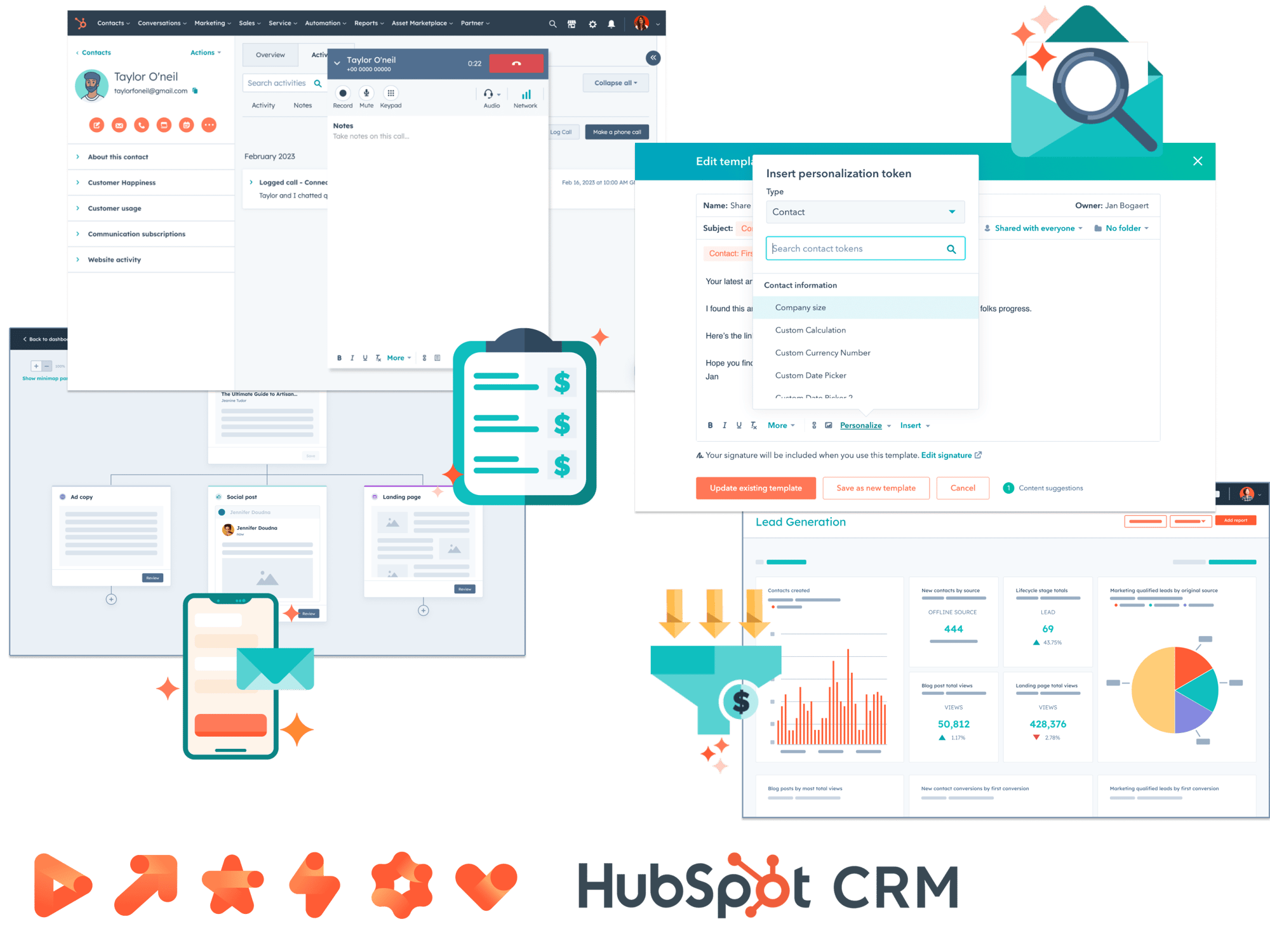 A montage of screens from the HubSpot CRM tools.